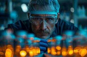 AI generated Scientist working in laboratory in medical. A man in a white lab coat and protective goggles carefully examines an object on a laboratory table. photo