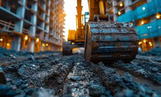 ai generado excavador es excavación el suelo la carretera construcción reforzamiento de el Fundación foto