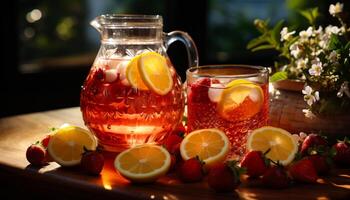 AI generated Jugs with strawberries and lemon. Jug and glass of strawberry lemonade on wooden table in the sun photo