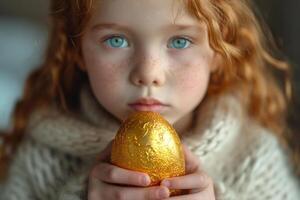 AI generated Young child holds gold easter egg. A young girl holds a shiny golden egg securely in her small hands, displaying a look of curiosity and wonder. photo