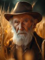 ai generado antiguo granjero con barba y sombrero en trigo campo. granjero caminando terminado un cosecha de trigo foto