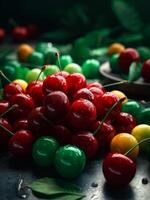 AI generated Cherries on dark background photo