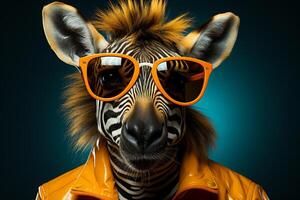 AI generated Image of zebra with sunglasses on bright background. Zebra in clothes. Funny portrait of zebra in bright orange sunglasses and leather jacket on blue background. photo