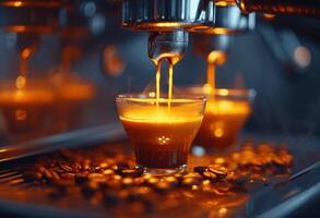 AI generated Coffee machine pouring cup of freshly brewed espresso coffee into transparent glass photo