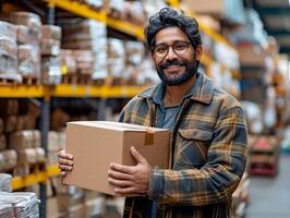 AI generated An indian man packing a box inside a warehouse space. A man in a warehouse holding a box. photo