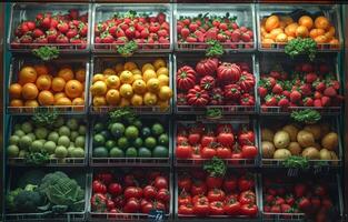 AI generated The produce cases are packed. A display case showcasing a wide variety of different types of fruits and vegetables. photo