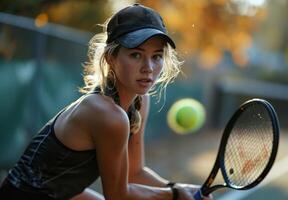 ai generado hembra tenis jugador en un negro sombrero jugando tenis. un mujer con confianza sostiene un tenis raqueta mientras en pie en un tenis corte. foto