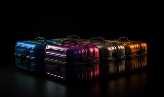 AI generated Four multi-colored suitcases on black background photo