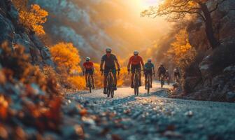 ai generado un grupo de montaña ciclistas son montando abajo. un grupo de individuos con entusiasmo paseo su bicicletas abajo un escabroso suciedad la carretera en medio de un rural paisaje. foto