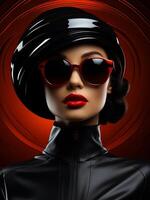 AI generated Fashion model sunglass or face. A woman wearing sunglasses and a black hat poses for a photo. photo