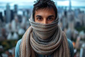 AI generated Young man in a hammock with laptop. A man bundled up in warm attire as he stands outdoors, wearing a scarf around his neck to protect against the cold. photo