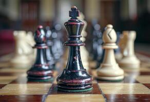 AI generated Chess pieces are on a wooden board. A detailed view of a chess board with the pieces strategically positioned for a challenging game. photo