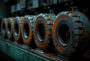 AI Generated Tires for heavy vehicles stand on the conveyor at the tire factory. Tire production process. photo