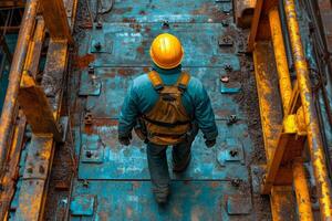 AI generated Worker in hard hat walks through construction site. Construction industry needs safe workers photo