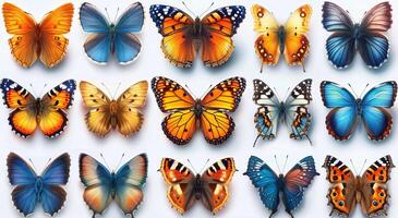 ai generado un selección de diferente mariposas un grupo de mariposas sentado en parte superior de cada otro en un vistoso y intrincado acuerdo. foto