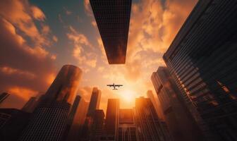 AI generated Airplane flying over the city during sunset photo