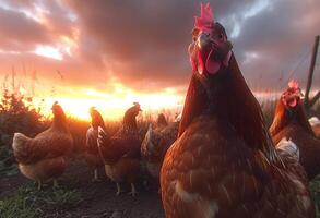 AI Generated Chickens standing in field at sunset. Group of chickens stand in a field during sunset photo