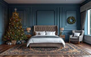 AI generated Christmas tree with garland in the modern bedroom. 3d rendering photo