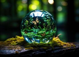 ai generado transparente cristal pelota es reflejando bosque escena foto