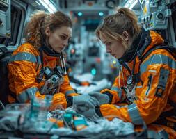 AI Generated Two female astronauts are working in spaceship. Two doctors inside an ambulance doing treatment in the back photo