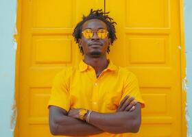 AI generated Black male standing with blank. A man wearing a yellow shirt and sunglasses stands confidently in front of a vibrant yellow door. photo