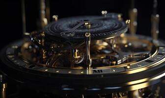 AI generated The mechanism of luxury wristwatch with gold and black dial and gold chain photo