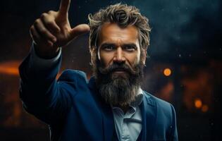 AI generated A bearded man in blue business suit. A man with a beard pointing to the side in a straightforward and confident manner. photo