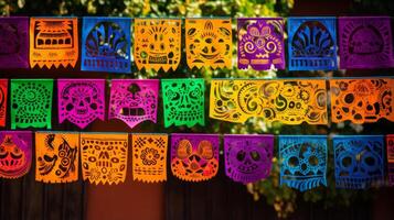 ai generado día de el muerto papel picado pancartas en vibrante colores foto