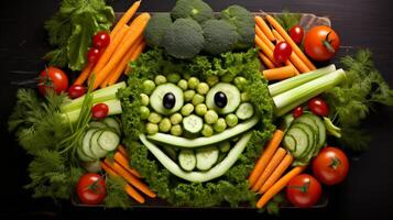 ai generado un creativo arreglo de Fresco vegetales formando un sonriente cara foto