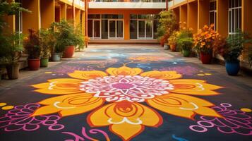 AI generated Rangoli design adorning a courtyard photo