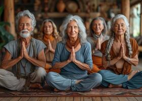 AI Generated Group of happy senior women practicing yoga in the morning. Older people enjoying a yoga session in a living photo