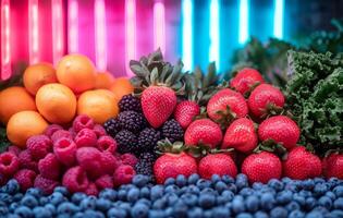 AI generated Vegetables in the style of natural lighting. A diverse assortment of fresh fruits and vegetables arranged on a table, showcasing a variety of colors and shapes. photo