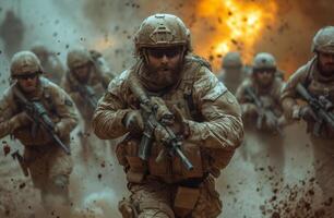 ai generado soldados son corriendo en un oficina. un grupo de soldados vestido en camuflaje uniformes y que lleva mochilas y rifles correr mediante un vasto abierto campo durante un militar formación ejercicio. foto