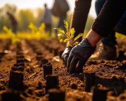 AI Generated Person plants small plant in the dirt. photo