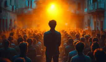 AI generated An employee is presenting to a room full of people. A man confidently stands at a podium in front of a large crowd of people, passionately addressing them at a rally. photo