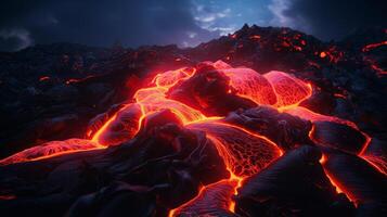 ai generado brillante lava fluido abajo el pendientes de un volcán foto