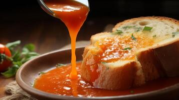 AI generated A piece of bread making a satisfying splash in tomato soup photo