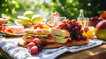 ai generado un verano picnic mesa con emparedados y Fruta foto