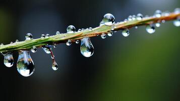 AI generated Hyper zoom of a raindrop clinging to a twig photo