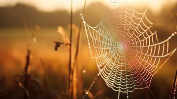AI generated Dewy spiderweb in morning sun photo