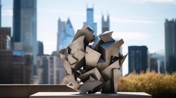 AI generated A modern brutalist sculpture against an urban backdrop photo