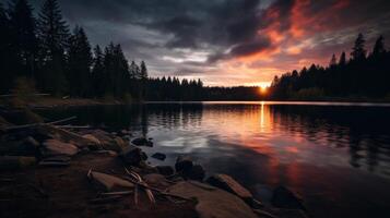 AI generated Moody and serene lake at sunset photo