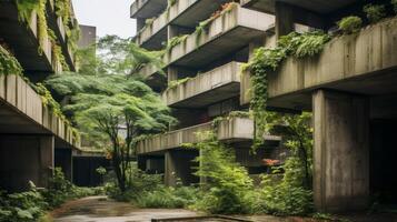 AI generated A stark contrast between nature and brutalist architecture photo