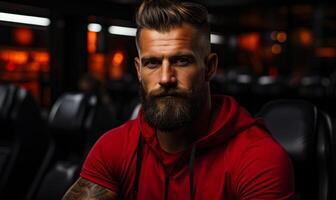 ai generado un hombre a el gimnasio con un barbado rostro. un hombre con un barba vistiendo un rojo camisa soportes en frente de el cámara. foto