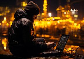 AI generated Hacker sitting on the roof and working with laptop at night time photo