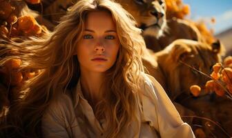 AI generated A young woman standing on a hill in lions. A woman sitting among a diverse collection of animals. photo