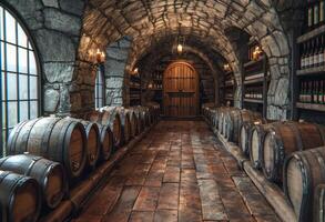 ai generado vino barriles apilado en el antiguo cava de el lagar. el cava de un lagar con vino barriles viniendo fuera de el Roca pared foto