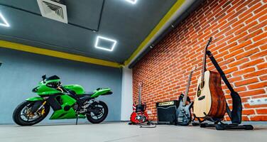 loft style interior brick walls green sport bike inside. Modern style. Lifestyle concept. Front view. Closeup photo