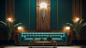 AI generated A vintage art deco lounge with a retro vibe for nostalgia photo