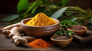 AI generated Ayurvedic ingredients like turmeric, ginger, and neem leaves photo